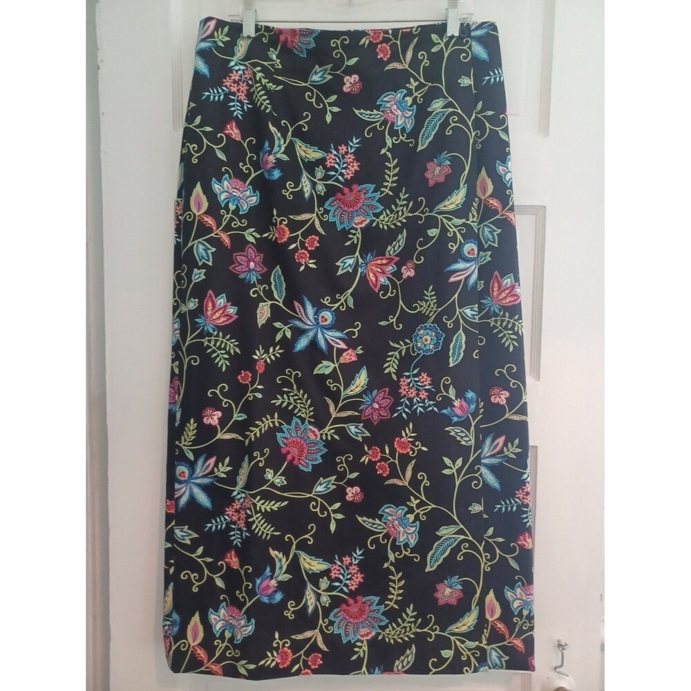 Talbots vintage black floral wrap maxi skirt 16 cotton Granny modest classic
